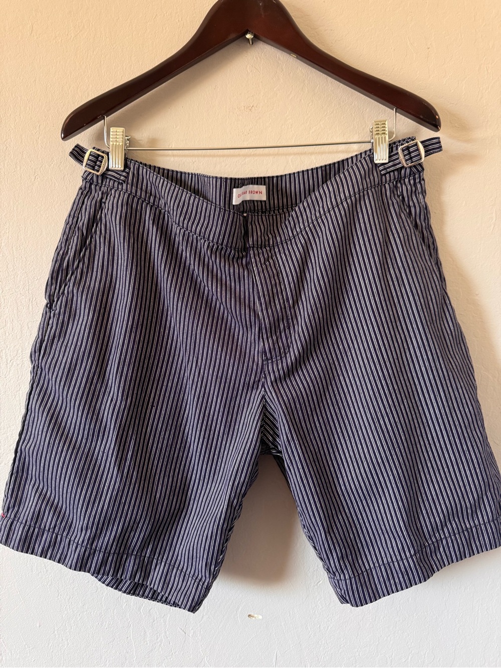 Orlebar Brown Navy & White Pinstripe Flat Front Cotton/Linen Blend Men’s Shorts
